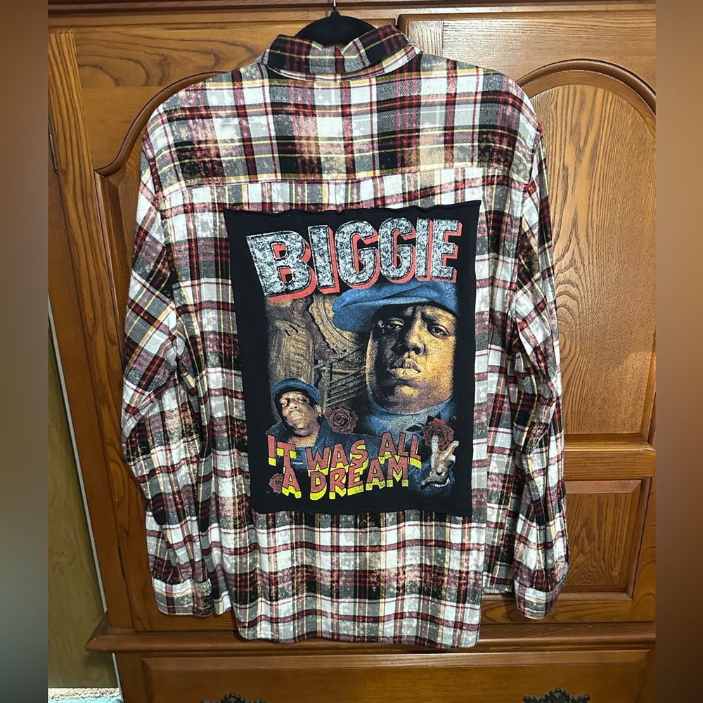 Biggie upcycled bleached flannel tee One of a Kind made by me